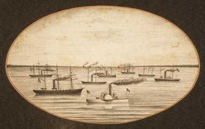 Lot 137 - Naïve School. Paddle Steamers circa 1850, pencil and watercolour