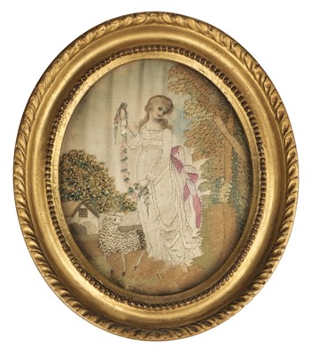 Lot 557 - Embroidered picture. Oval picture of a young girl and a lamb, circa 1790-1810