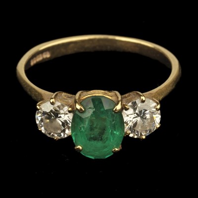 Lot 374 - Emerald Ring. An 18ct gold emerald and diamond ring