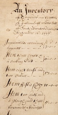 Lot 170 - Manuscript inventory. Inventory of goods & chattels of Julian Hall widow, South Newton, Sep. 16 1666