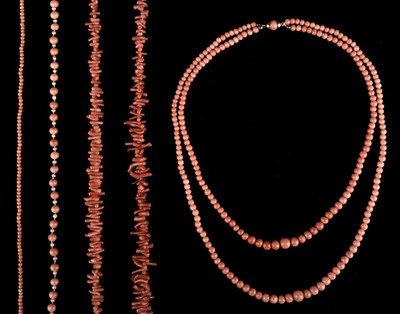 Lot 12 - Coral Necklaces. A double row of red coral graduated bead necklace