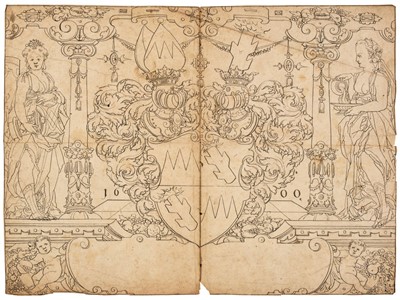 Lot 7 - German School. Ornate coat of arms, pen and black ink, 1600