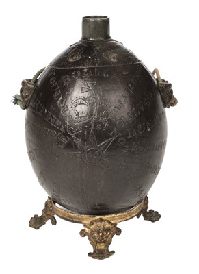 Lot 320 - Coconut Powder Flask. A fine coconut powder flask carved by J Stevinson, 45th Foot 1823