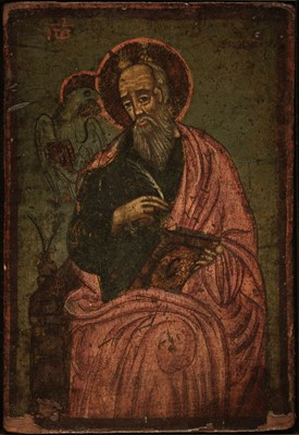 Lot 117 - Icon. A Greek icon of Saint John the Apostle holding a quill and volume, probably early/mid 19th c.