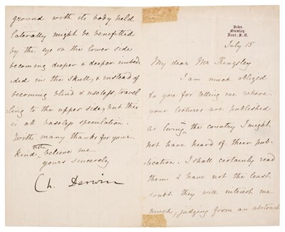 Lot 237 - Darwin (Charles Robert, 1809-1882). Letter signed, 'Ch. Darwin'