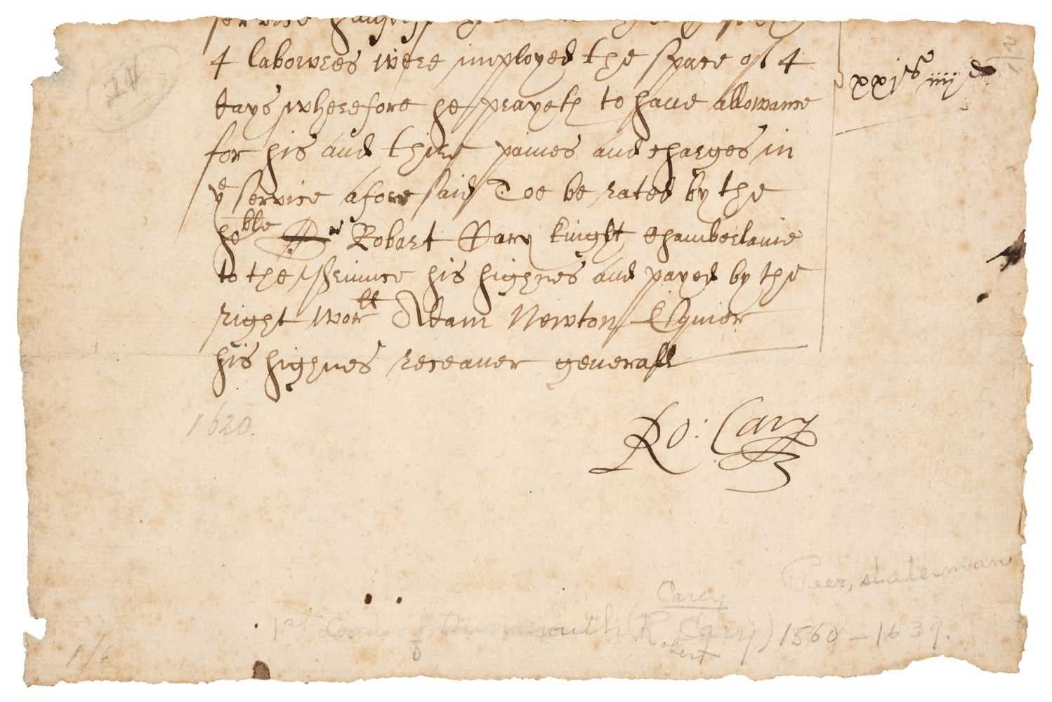 Lot 191 - Carey (Robert, 1560-1639). Lower portion of a Document Signed, ‘Ro: Cary’