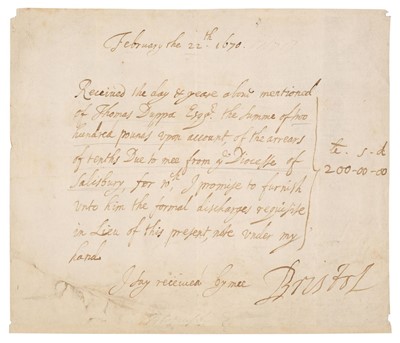Lot 197 - Digby (George, 1612-1677).  Document Signed, Bristol, no place, 22 February 1670 [1671]