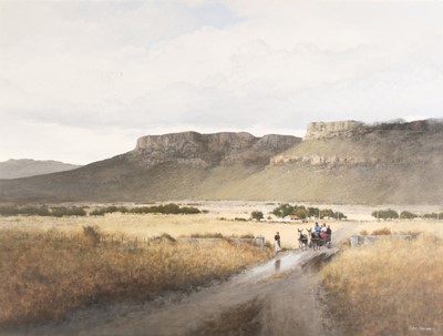 Lot 291 - Fincham (Peter, 1951-).  Landscape with the Drakenberg mountains, acrylic on canvas