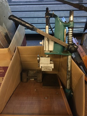 Lot 486 - Bookbinding equipment. A collection of equipment including drill stand blocking press