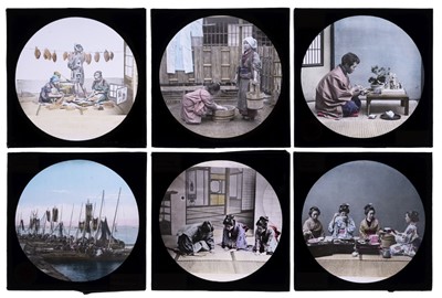 Lot 201 - Magic Lantern Slides. A group of 24 hand-coloured photographic magic lantern slides of Japan