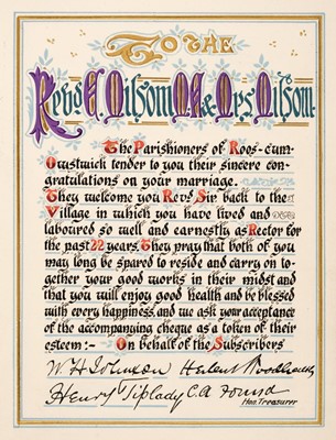 Lot 239 - Illuminated address. To the Revd. E. Milsom M.A. & Mrs Milson, [1914]
