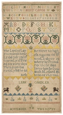 Lot 186 - Samplers. A needlework picture by Leah Candle & Mary Capon, 1755