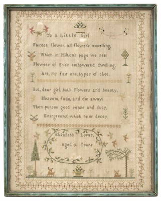 Lot 185 - Samplers. A needlework picture by Elizabeth Lucas, early 19th century, plus 2 others