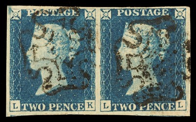 Lot 186 - Great Britain. 1840 2d blue, horizontal pair (LK/LL)