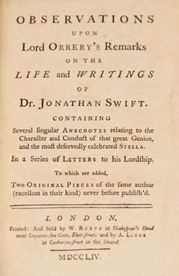 Lot 294 - Delany (Patrick). Observations upon Lord Orrery's Remarks on ... Dr. Jonathan Swift , 1754