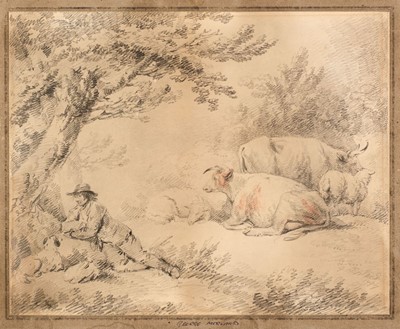 Lot 231 - Morland (George, 1763-1804). Landscape with shepherd with dog, cattle and sheep, 1797