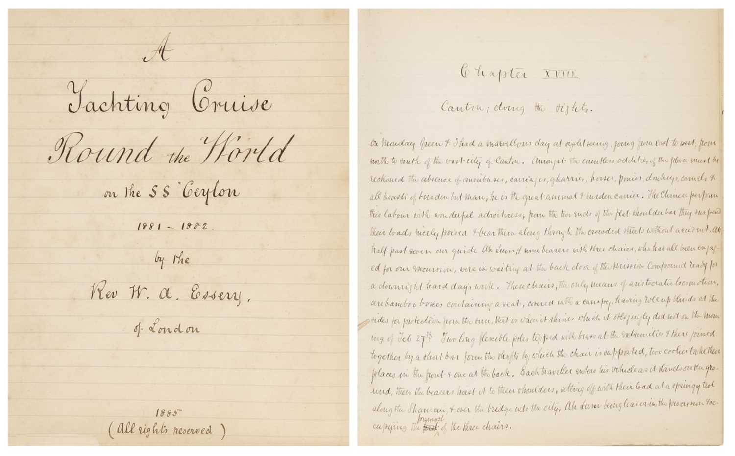 Lot 10 - Essery (Rev. William Alfred, c. 1831-1904). A yachting cruise around the world on the SS Ceylon