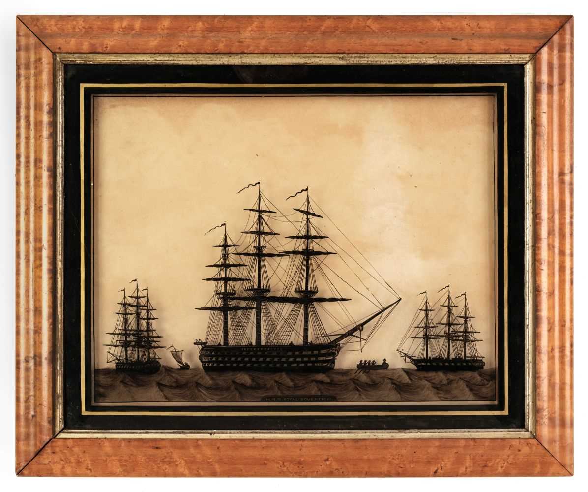 Lot 34 - HMS Britannia & HMS Royal Sovereign. A fine pair of reverse glass black silhouette paintings