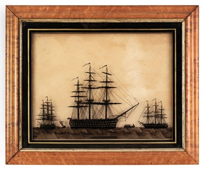 Lot 34 - HMS Britannia & HMS Royal Sovereign. A fine pair of reverse glass black silhouette paintings