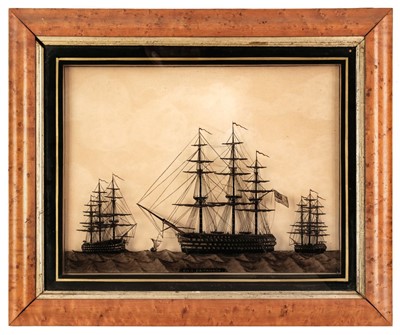 Lot 34 - HMS Britannia & HMS Royal Sovereign. A fine pair of reverse glass black silhouette paintings