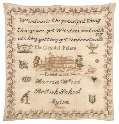 Lot 184 - Sampler. The Crystal Palace Exhibition, by Harriet Wood, British School, Ayton, circa 1881