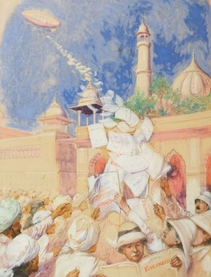 Lot 216 - Bagdatopoulos (William Spencer, 1888-1965). Scene of airship dropping copies of a Journal, 1908