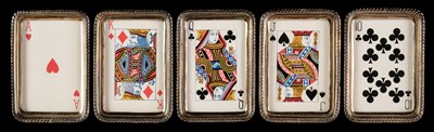Lot 550 - Playing card trays. Five silver playing card trays, James Fenton & Co, 1936