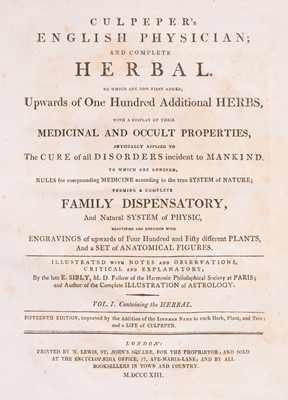 Lot 86 - Culpeper (Nicholas). Culpeper's English Physician; And Complete Herbal, 15th edition, 1813