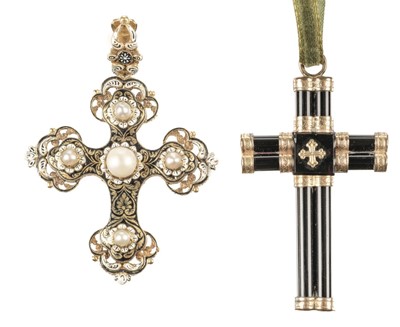 Lot 40 - Cross. A 19th century continental yellow metal and enamel cross plus one other