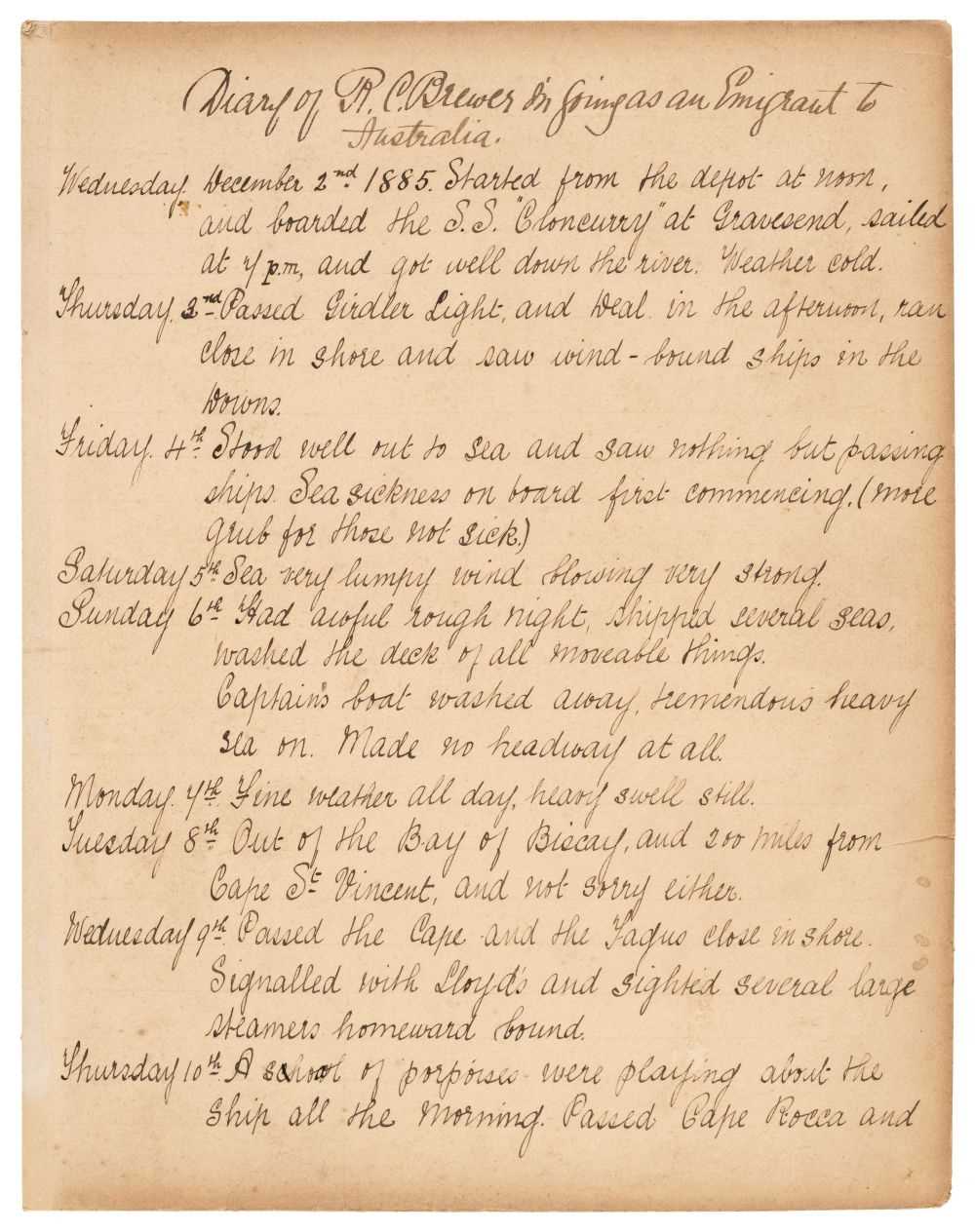 Lot 3 - Australia. Manuscript diary of R.C. Brewer migrating to Australia on the S.S. Cloncurry, 1885-86
