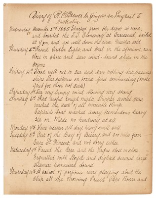 Lot 3 - Australia. Manuscript diary of R.C. Brewer migrating to Australia on the S.S. Cloncurry, 1885-86