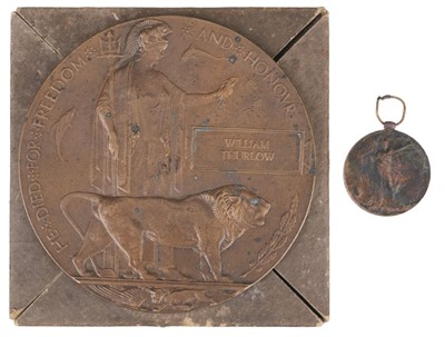 Lot 512 - Pair: WWI Memorial Plaque and Victory Medal to Private W. Thurlow, Devonshire Regiment