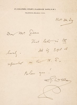Lot 634 - Wells (Herbert George, 1866-1946). Autograph Letter Signed, 'H.G. Wells', 24 November 1934