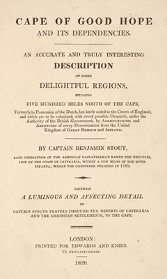 Lot 42 - Stout (Benjamin). Cape of Good Hope and its Dependencies, 1st edition, 1820