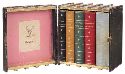 Lot 310 - Book Box. A decorative book box containing a mixed set of dictionaries and grammars, early 19th c.