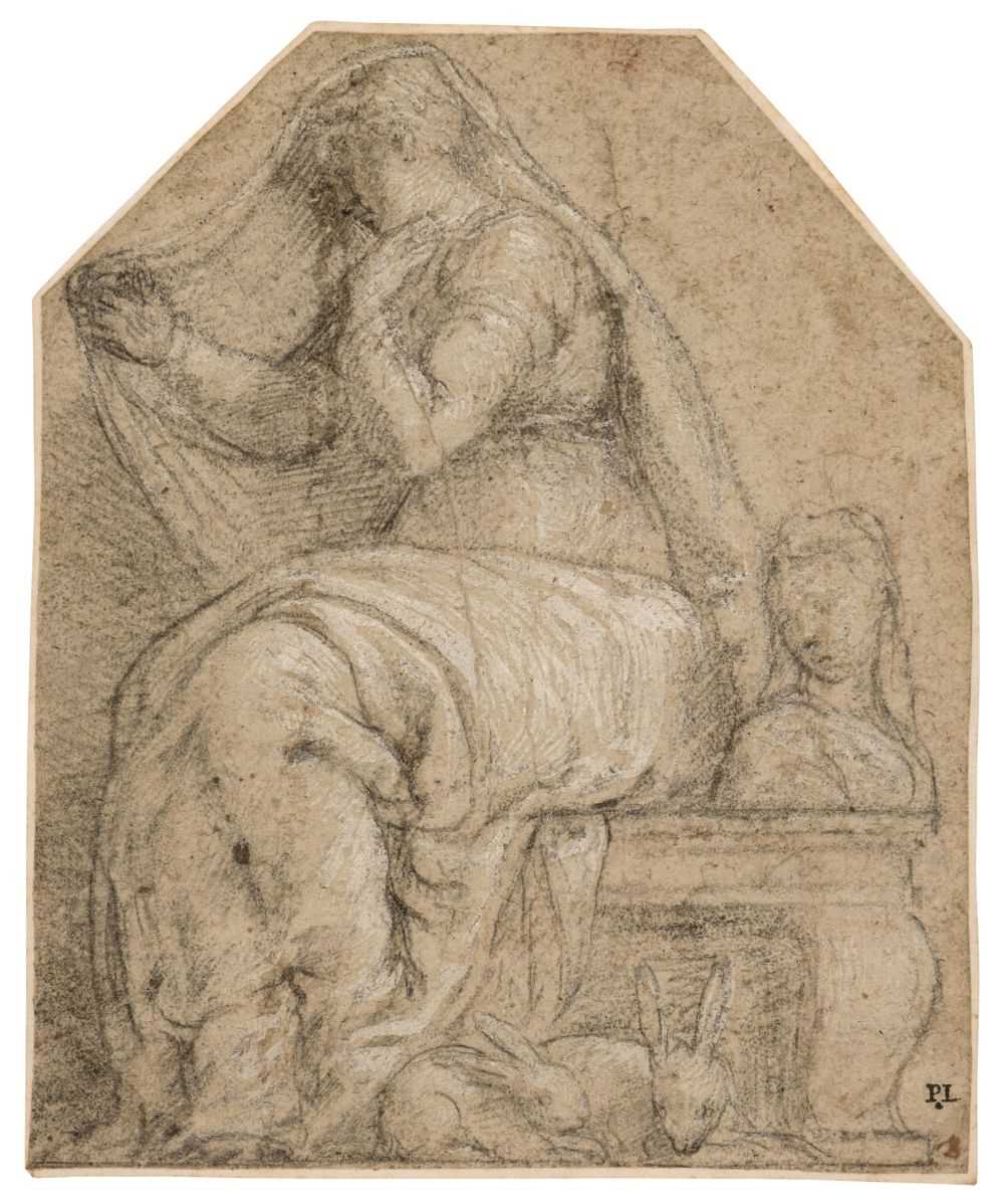 Lot 13 - Il Semolei (Battista Franco, 1510-1561). Allegorical Figure of Chastity, black chalk