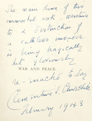 Lot 841 - 1942. Churchill (Clementine). Tolstoi (Leo). War and Peace, inscribed copy, London: Macmillan & Co, 1942