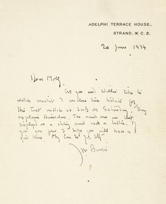 Lot 831 - Barrie (J. M., 1860-1937). Autograph letter, signed, 20 June 1934