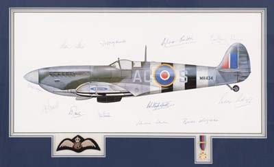 Lot 201 - Battle of Britian. Supermarine Spitfire MH434, side profile multi signed colour lithograph