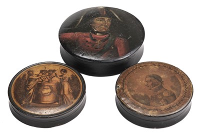 Lot 566 - Duke of Wellington. Three regency lacquered papier maché snuff boxes circa 1820