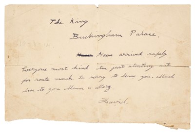 Lot 236 - Edward VIII (1894-1972). Autograph Telegram Signed, 'David' [?10 August 1914]