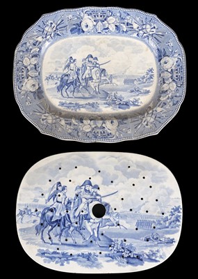 Lot 540 - Duke of Wellington. A George III blue and white meat platter depicting the Battle of Waterloo