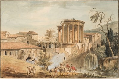 Lot 27 - French School. Landscape with figures admiring the temple at Tivoli, late 18th century, watercolour