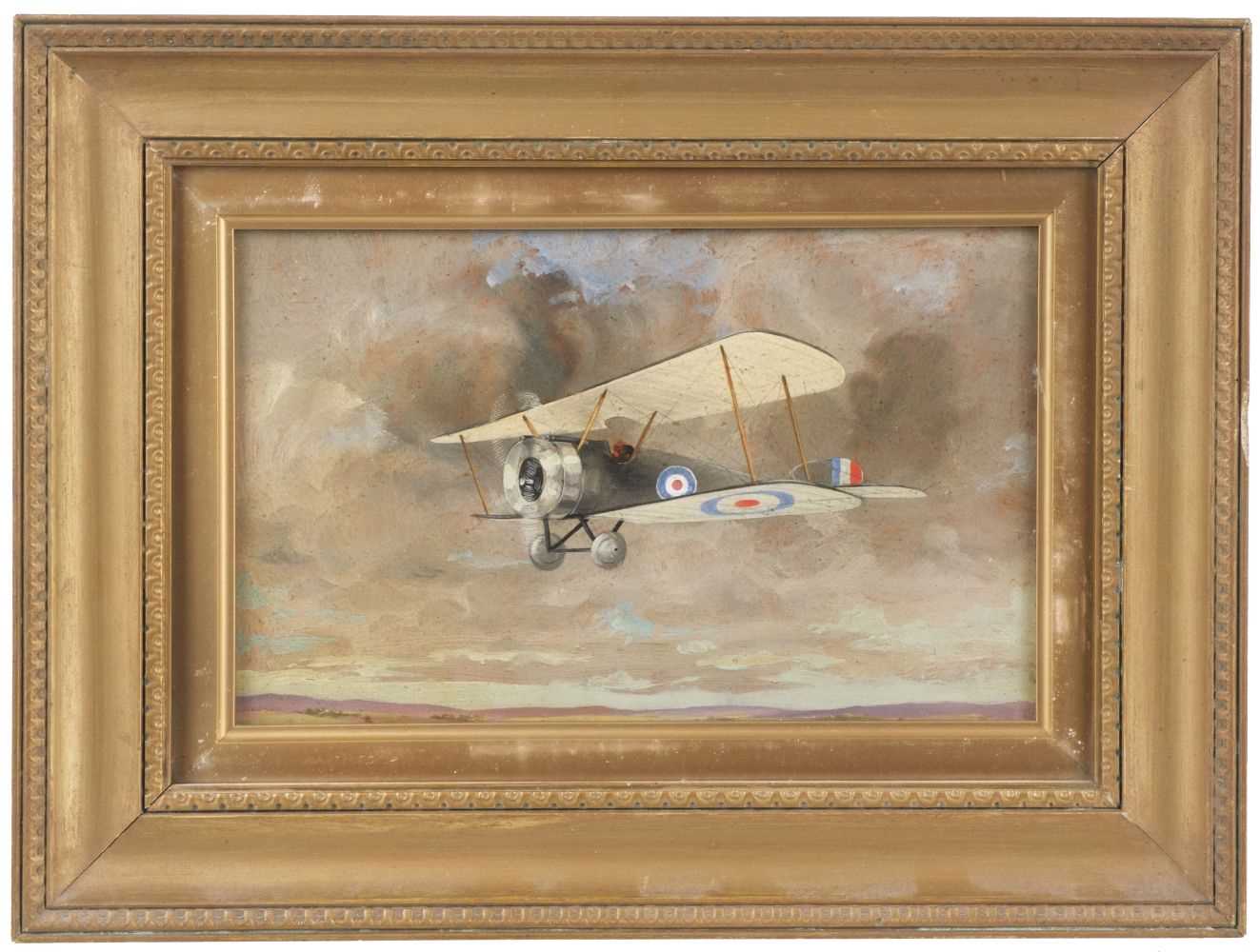 Lot 53 - Royal Flying Corps. A pair of WWI oil paintings, Sopwith Camel & R.E.8.