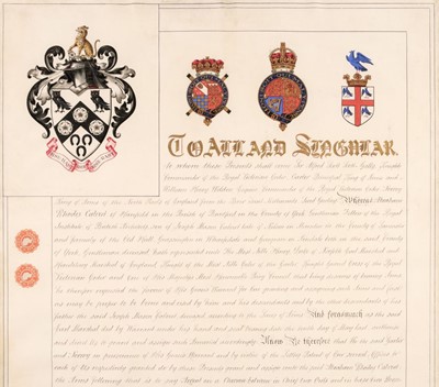 Lot 168 - Grant of Arms. Manuscript Grant of Arms for Abraham Rhodes Calvert of Harefield... , Yorkshire