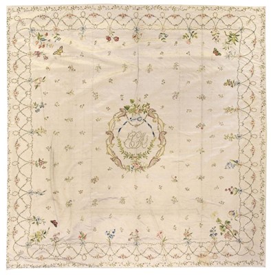 Lot 621 - Bedcover. A fine embroidered marriage bedcover belonging to Elisabeth Clara Morier, circa 1768-1778