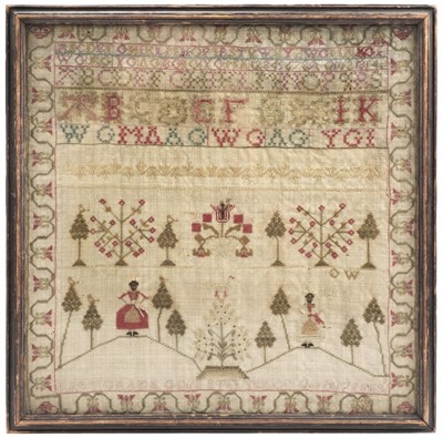 Lot 684 - Sampler. A needlework picture by Mary Grae, Ag[e]d 12, The Ye[a]r of God 1791, probably American
