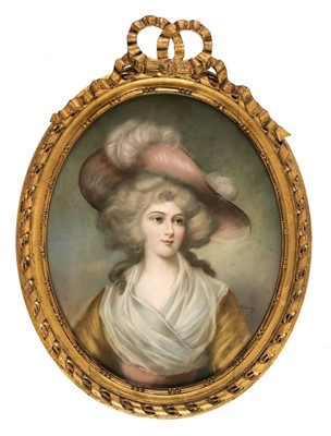 Lot 143 - English School. Oval half-length portrait of a young woman in Regency dress, later 19th century