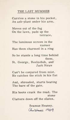 Lot 913 - Heaney (Seamus, 1939-2013). Christmas card, 1969