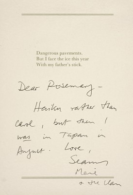 Lot 919 - Heaney (Seamus, 1939-2013). Christmas card, published for the author by Peter Fallon, 1987